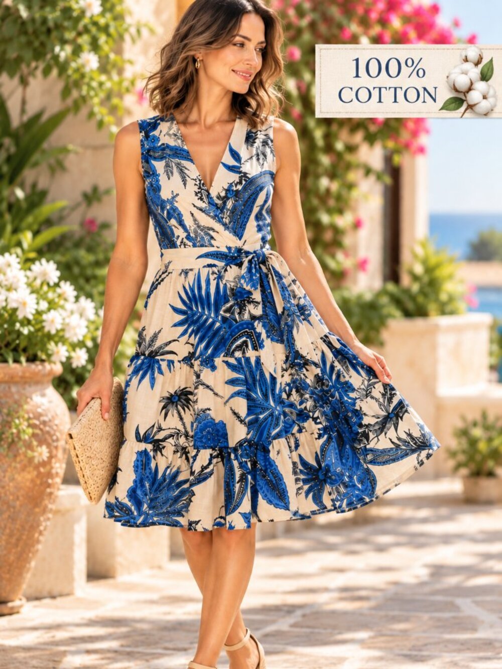 Banana Republic Blue Floral Tiered Wrap Dress 100% Cotton XS